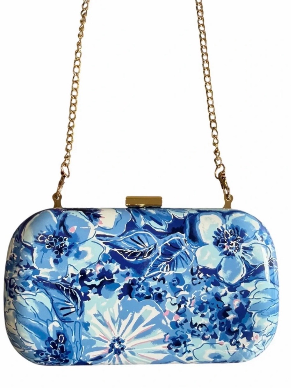 Lilly Pulitzer Blue Floral Hardcase Clutch with Gold Chain